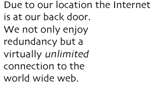 Due to our location the Internet is at our back door.  We not only enjoy  redundancy but a  virtually unlimited  connection to the  world wide web